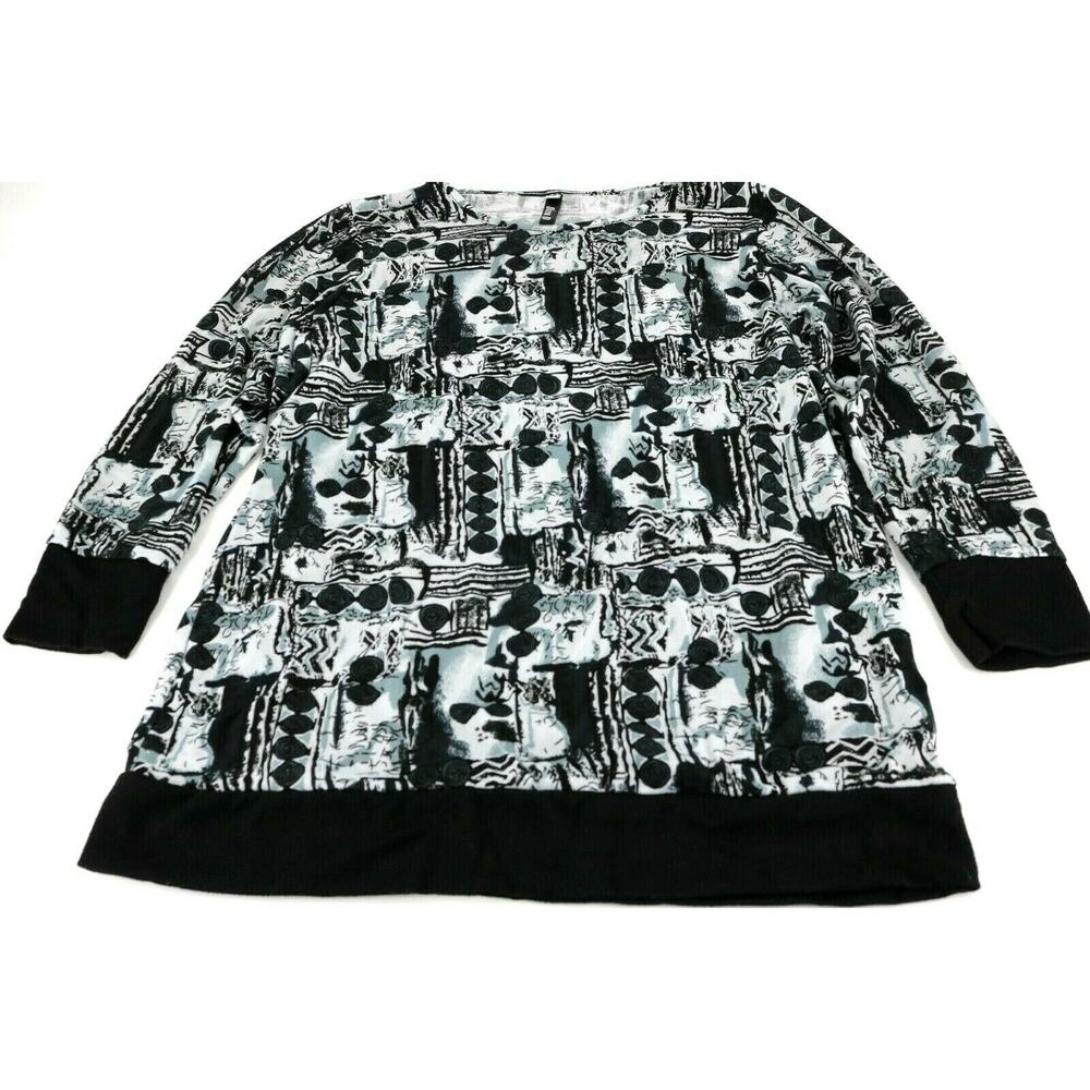 Diva D Black & White Abstract Print Long Sleeve Blouse Women's Size L/XL